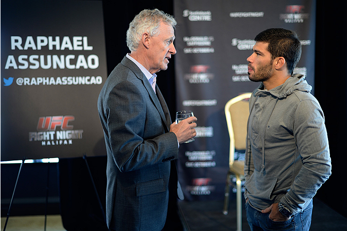 HALIFAX, NS - OCTOBER 2: (L-R) UFC Managing Director of Canada Tom Wright speaks with Raphael Assuncao of Brazil during the UFC Fight Night Ultimate Media Day on October 2, 2014 in Halifax, Nova Scotia, Canada. (Photo by Jeff Bottari/Zuffa LLC/Zuffa LLC