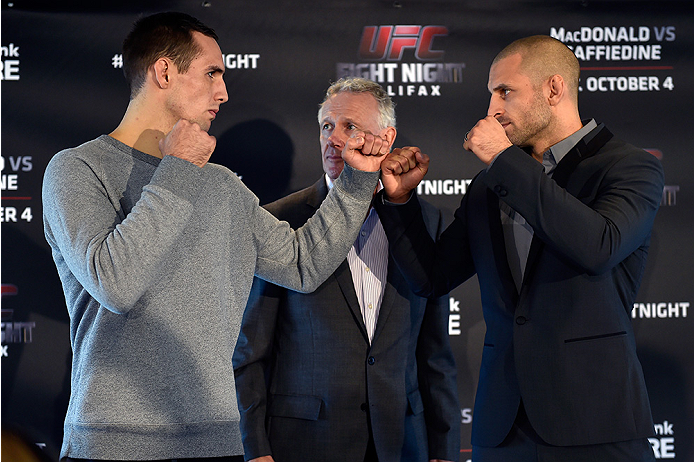 HALIFAX, NS - OCTOBER 2: (L-R) Rory MacDonald and Tarec Saffiedine face off during the UFC Fight Night Ultimate Media Day on October 2, 2014 in Halifax, Nova Scotia, Canada. (Photo by Jeff Bottari/Zuffa LLC/Zuffa LLC via Getty Images)