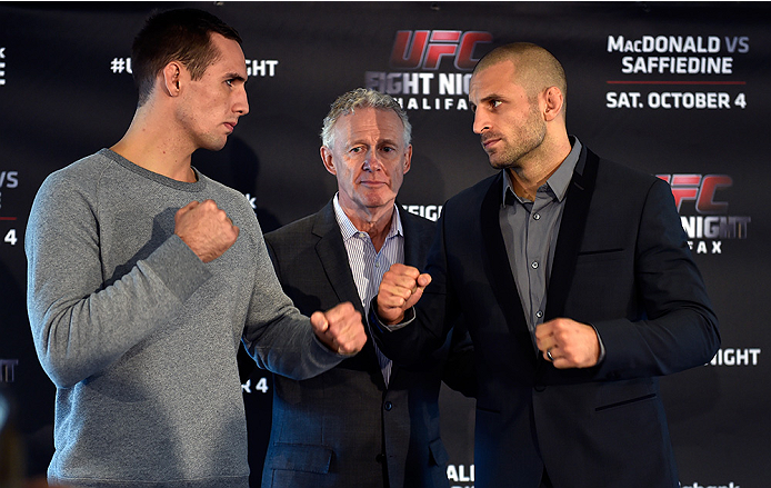HALIFAX, NS - OCTOBER 2: (L-R) Rory MacDonald and Tarec Saffiedine face off during the UFC Fight Night Ultimate Media Day on October 2, 2014 in Halifax, Nova Scotia, Canada. (Photo by Jeff Bottari/Zuffa LLC/Zuffa LLC via Getty Images)