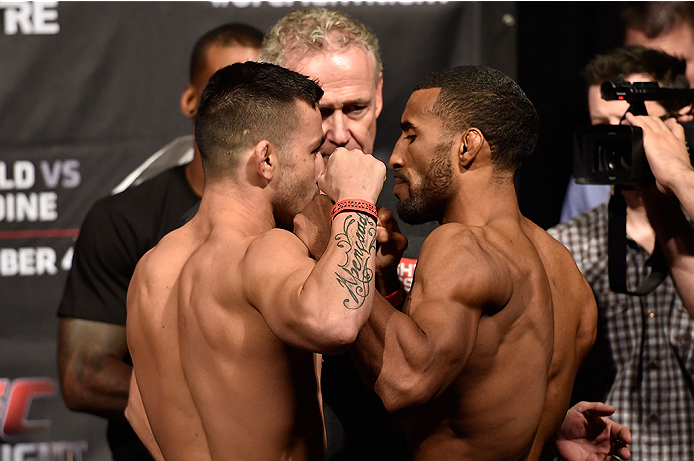 HALIFAX, NS - OCTOBER 3: (L-R) Pedro Munhoz of Brazil and Jerrod Sanders of the United States face off during the UFC Fight Night weigh-in at the Scotiabank Centre on October 3, 2014 in Halifax, Nova Scotia, Canada. (Photo by Jeff Bottari/Zuffa LLC/Zuffa