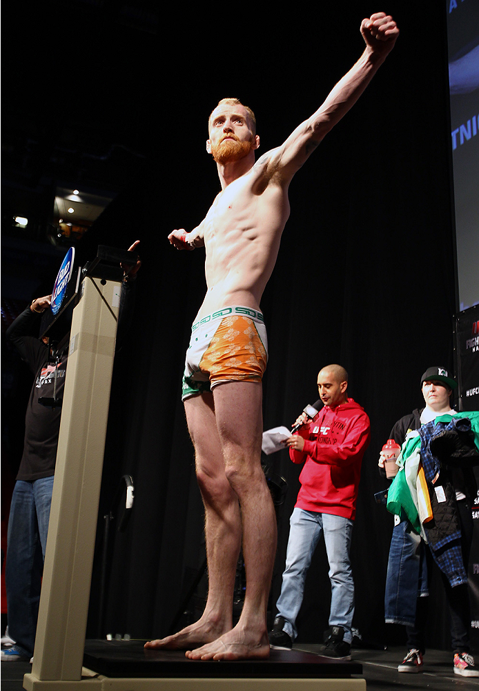 HALIFAX, NS - OCTOBER 3: Patrick Holohan of Ireland steps on the scale during the UFC Fight Night weigh-in at the Scotiabank Centre on October 3, 2014 in Halifax, Nova Scotia, Canada. (Photo by Mike Roach/Zuffa LLC/Zuffa LLC via Getty Images)