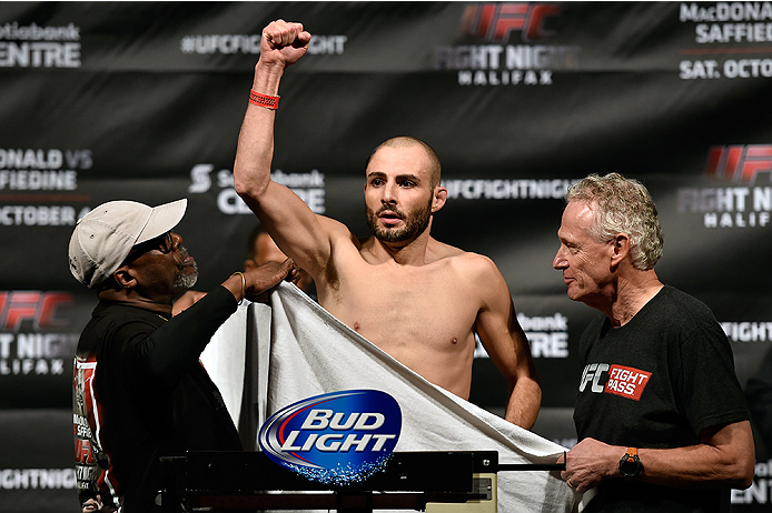 HALIFAX, NS - OCTOBER 3: Chris Kelades of Canada steps on the scale during the UFC Fight Night weigh-in at the Scotiabank Centre on October 3, 2014 in Halifax, Nova Scotia, Canada. (Photo by Jeff Bottari/Zuffa LLC/Zuffa LLC via Getty Images)