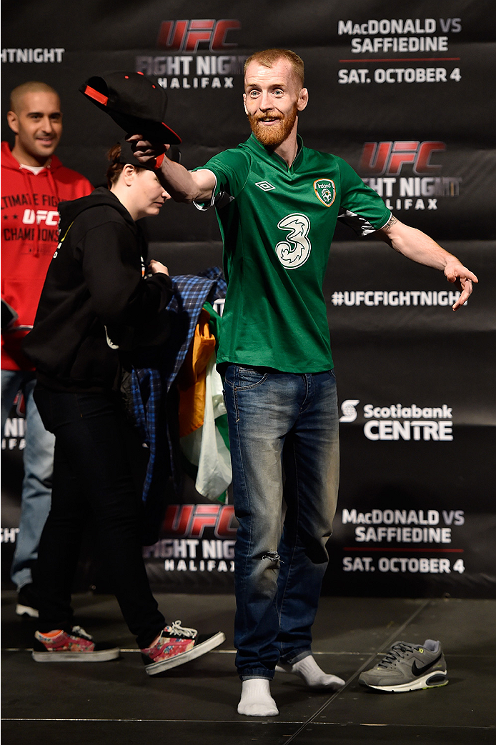 HALIFAX, NS - OCTOBER 3: Patrick Holohan of Ireland walks on stage during the UFC Fight Night weigh-in at the Scotiabank Centre on October 3, 2014 in Halifax, Nova Scotia, Canada. (Photo by Jeff Bottari/Zuffa LLC/Zuffa LLC via Getty Images)