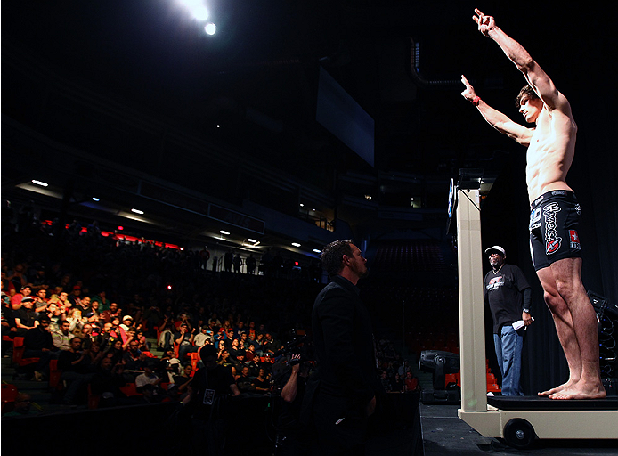 HALIFAX, NS - OCTOBER 3: Olivier Aubin-Mercier of Canada steps on the scale during the UFC Fight Night weigh-in at the Scotiabank Centre on October 3, 2014 in Halifax, Nova Scotia, Canada. (Photo by Mike Roach/Zuffa LLC/Zuffa LLC via Getty Images)