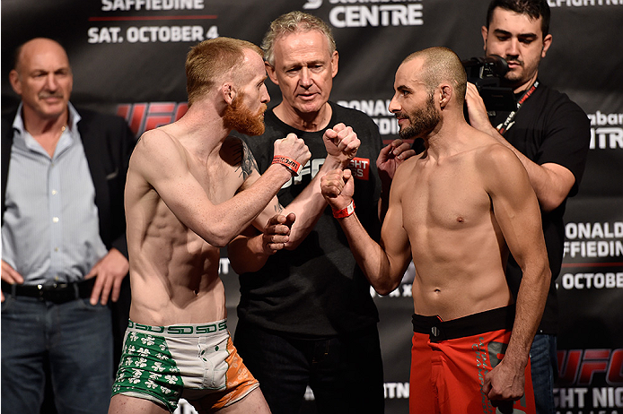 HALIFAX, NS - OCTOBER 3: (L-R) Patrick Holohan of Ireland and Chris Kelades of Canada face off during the UFC Fight Night weigh-in at the Scotiabank Centre on October 3, 2014 in Halifax, Nova Scotia, Canada. (Photo by Jeff Bottari/Zuffa LLC/Zuffa LLC via