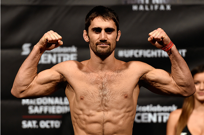 HALIFAX, NS - OCTOBER 3: Jason Saggo of Canada steps on the scale during the UFC Fight Night weigh-in at the Scotiabank Centre on October 3, 2014 in Halifax, Nova Scotia, Canada. (Photo by Jeff Bottari/Zuffa LLC/Zuffa LLC via Getty Images)