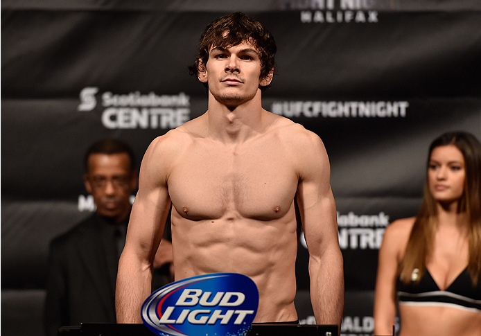 HALIFAX, NS - OCTOBER 3: Olivier Aubin-Mercier of Canada steps on the scale during the UFC Fight Night weigh-in at the Scotiabank Centre on October 3, 2014 in Halifax, Nova Scotia, Canada. (Photo by Jeff Bottari/Zuffa LLC/Zuffa LLC via Getty Images)