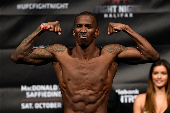 HALIFAX, NS - OCTOBER 3: Anthony Njokuani of the United States steps on the scale during the UFC Fight Night weigh-in at the Scotiabank Centre on October 3, 2014 in Halifax, Nova Scotia, Canada. (Photo by Jeff Bottari/Zuffa LLC/Zuffa LLC via Getty Images