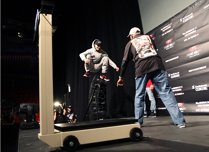 HALIFAX, NS - OCTOBER 3: Nordine Taleb of Canada jumps on the stage during the UFC Fight Night weigh-in at the Scotiabank Centre on October 3, 2014 in Halifax, Nova Scotia, Canada. (Photo by Mike Roach/Zuffa LLC/Zuffa LLC via Getty Images)