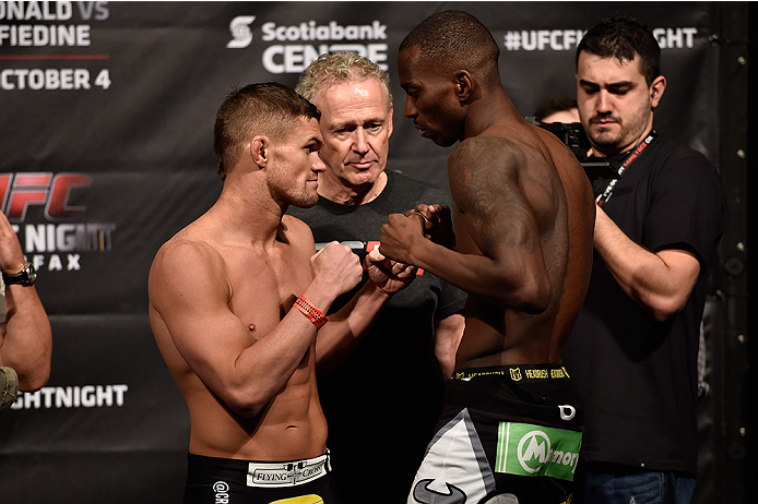 HALIFAX, NS - OCTOBER 3: (L-R) Daron Cruickshank and Anthony Njokuani face off during the UFC Fight Night weigh-in at the Scotiabank Centre on October 3, 2014 in Halifax, Nova Scotia, Canada. (Photo by Jeff Bottari/Zuffa LLC/Zuffa LLC via Getty Images)