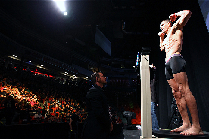 HALIFAX, NS - OCTOBER 3: Nordine Taleb of Canada steps on the scale during the UFC Fight Night weigh-in at the Scotiabank Centre on October 3, 2014 in Halifax, Nova Scotia, Canada. (Photo by Mike Roach/Zuffa LLC/Zuffa LLC via Getty Images)