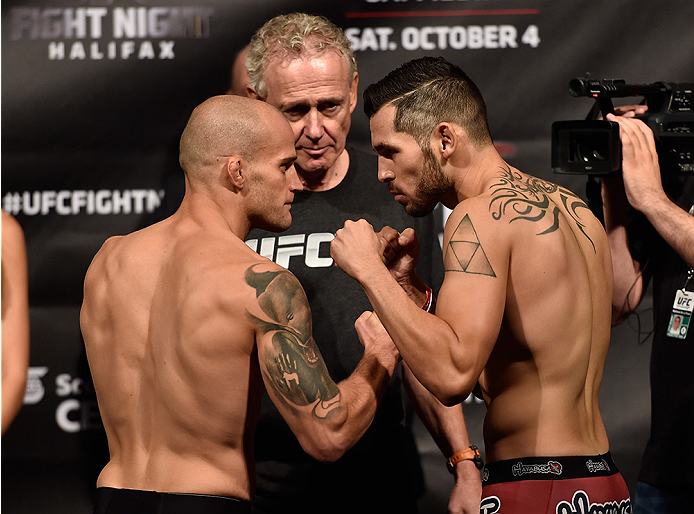 HALIFAX, NS - OCTOBER 3: (L-R) Mitch Gagnon and Roman Salazar face off during the UFC Fight Night weigh-in at the Scotiabank Centre on October 3, 2014 in Halifax, Nova Scotia, Canada. (Photo by Jeff Bottari/Zuffa LLC/Zuffa LLC via Getty Images)