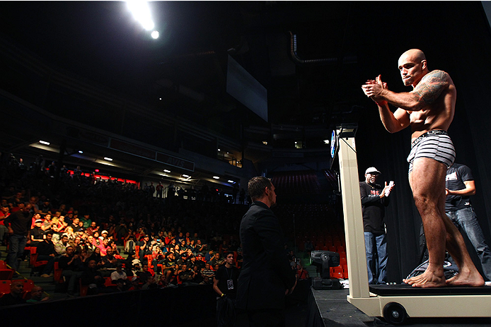 HALIFAX, NS - OCTOBER 3: Bruno Santos of Brazil steps on the scale during the UFC Fight Night weigh-in at the Scotiabank Centre on October 3, 2014 in Halifax, Nova Scotia, Canada. (Photo by Mike Roach/Zuffa LLC/Zuffa LLC via Getty Images)