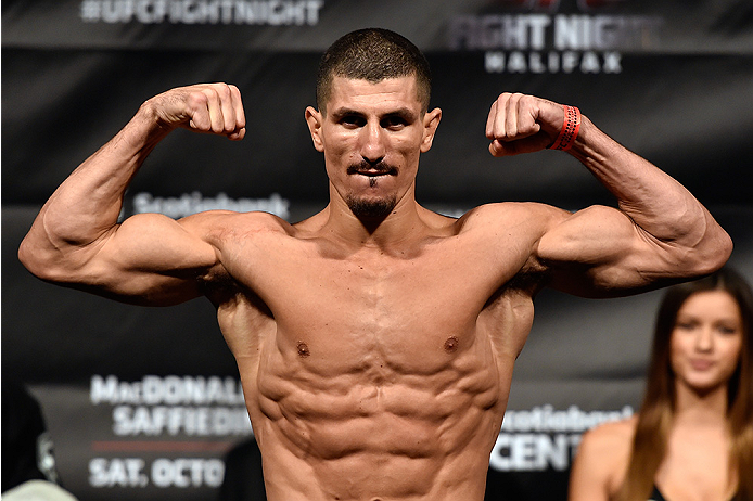 HALIFAX, NS - OCTOBER 3: Nordine Taleb of Canada steps on the scale during the UFC Fight Night weigh-in at the Scotiabank Centre on October 3, 2014 in Halifax, Nova Scotia, Canada. (Photo by Jeff Bottari/Zuffa LLC/Zuffa LLC via Getty Images)