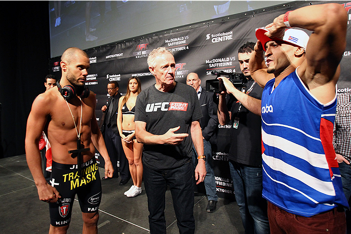 HALIFAX, NS - OCTOBER 3: (L-R) Chad Laprise of Canada and Yosdenis Cedeno of Cuba prepare to face off during the UFC Fight Night weigh-in at the Scotiabank Centre on October 3, 2014 in Halifax, Nova Scotia, Canada. (Photo by Mike Roach/Zuffa LLC/Zuffa LL