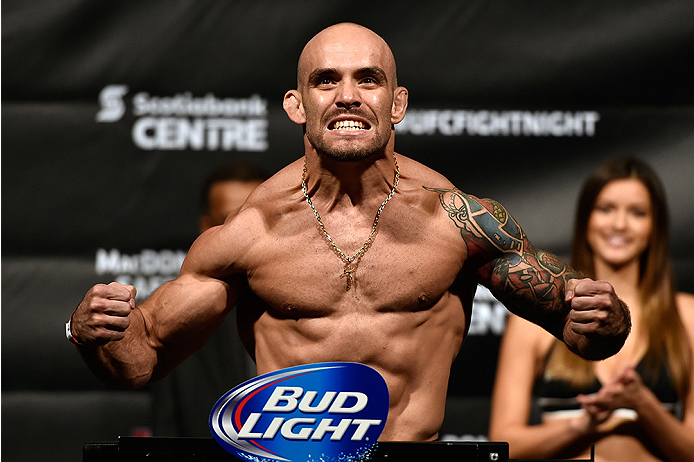 HALIFAX, NS - OCTOBER 3: Bruno Santos of Brazil steps on the scale during the UFC Fight Night weigh-in at the Scotiabank Centre on October 3, 2014 in Halifax, Nova Scotia, Canada. (Photo by Jeff Bottari/Zuffa LLC/Zuffa LLC via Getty Images)