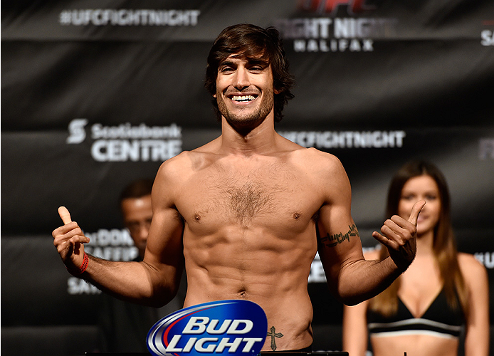 HALIFAX, NS - OCTOBER 3: Elias Theodorou of Canada steps on the scale during the UFC Fight Night weigh-in at the Scotiabank Centre on October 3, 2014 in Halifax, Nova Scotia, Canada. (Photo by Jeff Bottari/Zuffa LLC/Zuffa LLC via Getty Images)