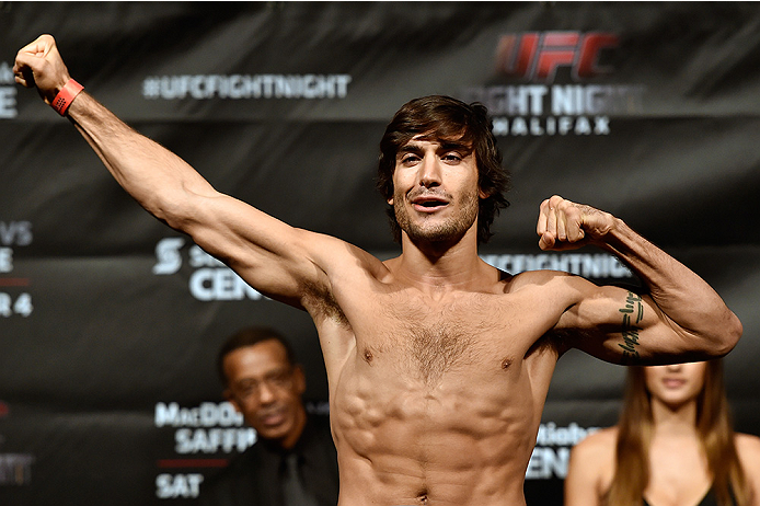 HALIFAX, NS - OCTOBER 3: Elias Theodorou of Canada steps on the scale during the UFC Fight Night weigh-in at the Scotiabank Centre on October 3, 2014 in Halifax, Nova Scotia, Canada. (Photo by Jeff Bottari/Zuffa LLC/Zuffa LLC via Getty Images)