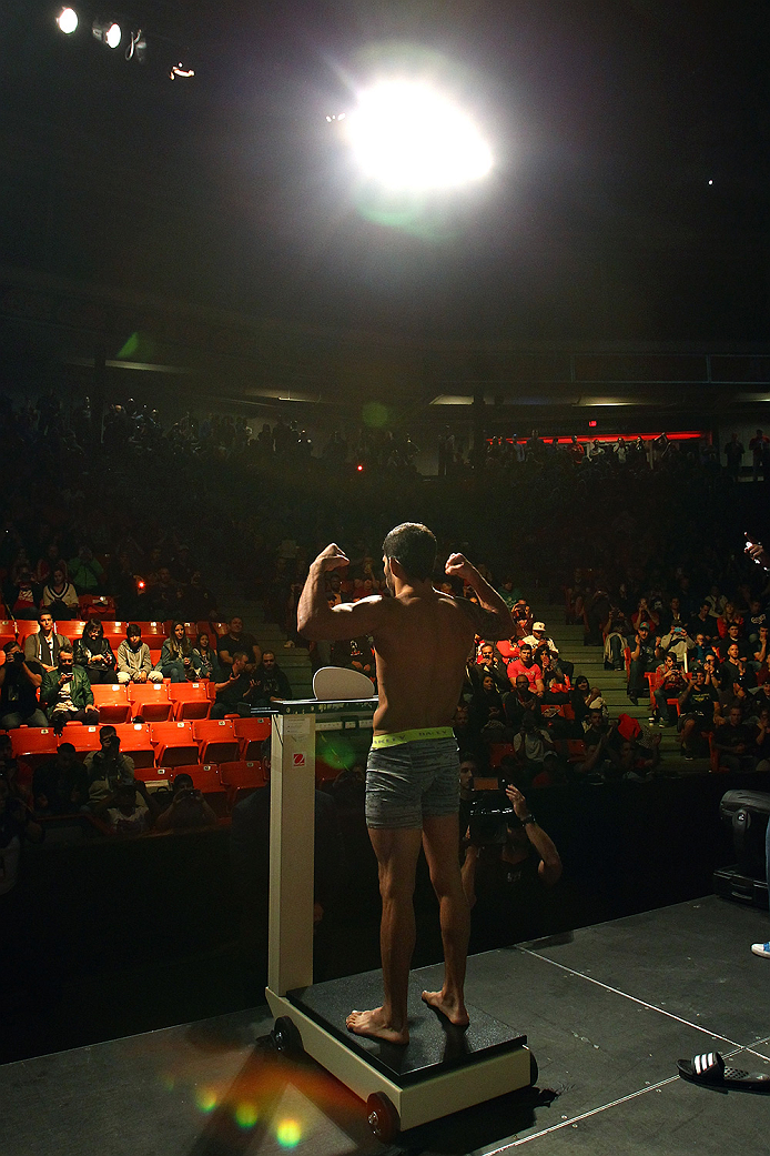 HALIFAX, NS - OCTOBER 3: Raphael Assuncao steps on the scale during the UFC Fight Night weigh-in at the Scotiabank Centre on October 3, 2014 in Halifax, Nova Scotia, Canada. (Photo by Mike Roach/Zuffa LLC/Zuffa LLC via Getty Images)