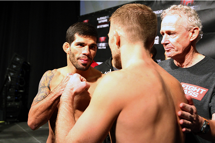 HALIFAX, NS - OCTOBER 3: (L-R) Raphael Assuncao of Brazil and Bryan Caraway of the United States face off during the UFC Fight Night weigh-in at the Scotiabank Centre on October 3, 2014 in Halifax, Nova Scotia, Canada. (Photo by Mike Roach/Zuffa LLC/Zuff