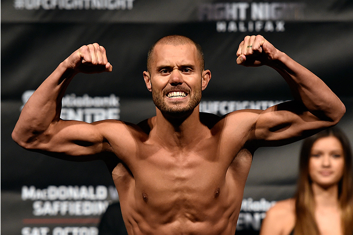 HALIFAX, NS - OCTOBER 3: Chad Laprise of Canada steps on the scale during the UFC Fight Night weigh-in at the Scotiabank Centre on October 3, 2014 in Halifax, Nova Scotia, Canada. (Photo by Jeff Bottari/Zuffa LLC/Zuffa LLC via Getty Images)