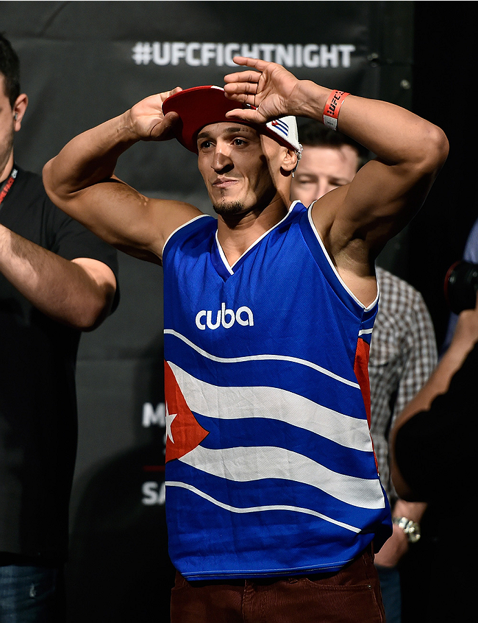 HALIFAX, NS - OCTOBER 3: Yosdenis Cedeno of Cuba stands on stage during the UFC Fight Night weigh-in at the Scotiabank Centre on October 3, 2014 in Halifax, Nova Scotia, Canada. (Photo by Jeff Bottari/Zuffa LLC/Zuffa LLC via Getty Images)