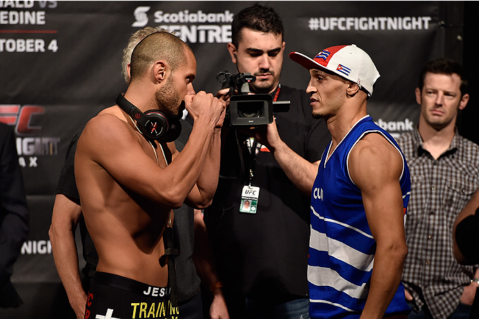 HALIFAX, NS - OCTOBER 3: (L-R) Chad Laprise and Yosdenis Cedeno face off during the UFC Fight Night weigh-in at the Scotiabank Centre on October 3, 2014 in Halifax, Nova Scotia, Canada. (Photo by Jeff Bottari/Zuffa LLC/Zuffa LLC via Getty Images)