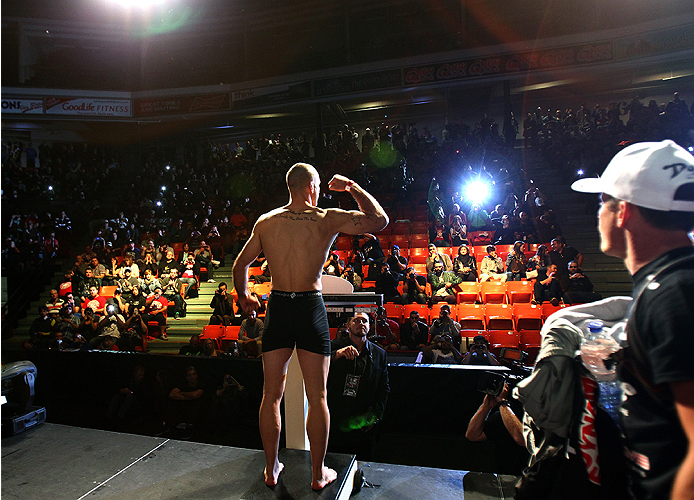 HALIFAX, NS - OCTOBER 3: Tarec Saffiedine of Belgium steps on the scale during the UFC Fight Night weigh-in at the Scotiabank Centre on October 3, 2014 in Halifax, Nova Scotia, Canada. (Photo by Mike Roach/Zuffa LLC/Zuffa LLC via Getty Images)