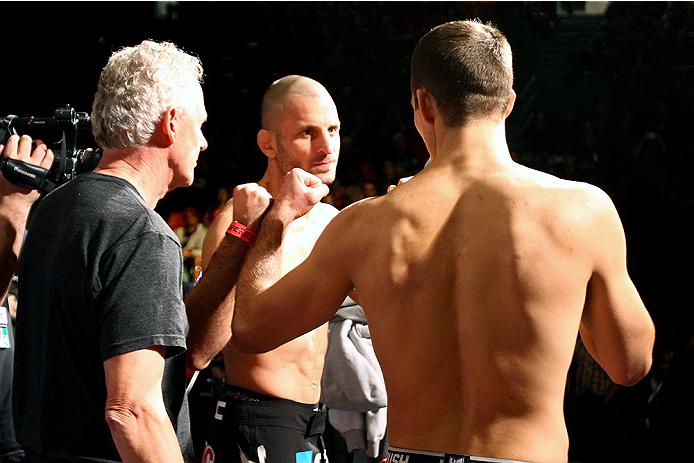 HALIFAX, NS - OCTOBER 3: (L-R) Tarec Saffiedine of Belgium and Rory MacDonald of Canada face off during the UFC Fight Night weigh-in at the Scotiabank Centre on October 3, 2014 in Halifax, Nova Scotia, Canada. (Photo by Mike Roach/Zuffa LLC/Zuffa LLC via