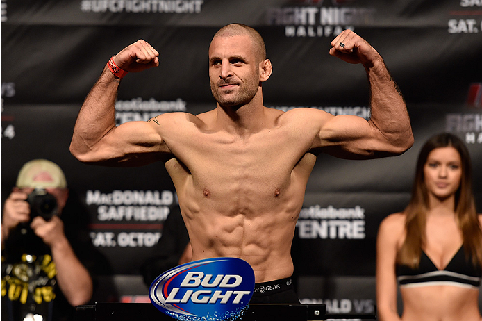 HALIFAX, NS - OCTOBER 3: Tarec Saffiedine of Belgium steps on the scale during the UFC Fight Night weigh-in at the Scotiabank Centre on October 3, 2014 in Halifax, Nova Scotia, Canada. (Photo by Jeff Bottari/Zuffa LLC/Zuffa LLC via Getty Images)