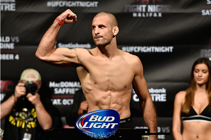 HALIFAX, NS - OCTOBER 3: Tarec Saffiedine of Belgium steps on the scale during the UFC Fight Night weigh-in at the Scotiabank Centre on October 3, 2014 in Halifax, Nova Scotia, Canada. (Photo by Jeff Bottari/Zuffa LLC/Zuffa LLC via Getty Images)