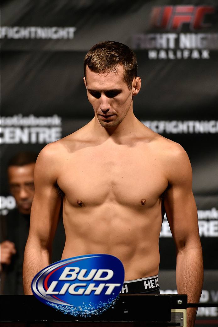 HALIFAX, NS - OCTOBER 3: Rory MacDonald of Canada steps on the scale during the UFC Fight Night weigh-in at the Scotiabank Centre on October 3, 2014 in Halifax, Nova Scotia, Canada. (Photo by Jeff Bottari/Zuffa LLC/Zuffa LLC via Getty Images)