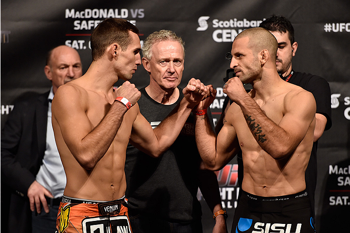 HALIFAX, NS - OCTOBER 3: (L-R) Rory MacDonald and Tarec Saffiedine face off during the UFC Fight Night weigh-in at the Scotiabank Centre on October 3, 2014 in Halifax, Nova Scotia, Canada. (Photo by Jeff Bottari/Zuffa LLC/Zuffa LLC via Getty Images)