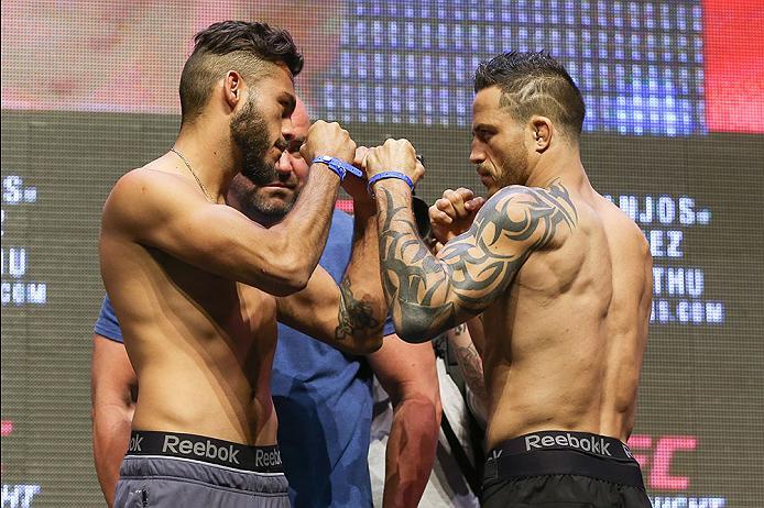 LAS VEGAS, NV - JULY 06: (L-R) Marco Beltran and Reginaldo Vieira face off during the UFC Fight Night Weigh-in event at the T-Mobile Arena on July 6, 2016 in Las Vegas, Nevada. (Photo by Ed Mulholland/Zuffa LLC/Zuffa LLC via Getty Images)