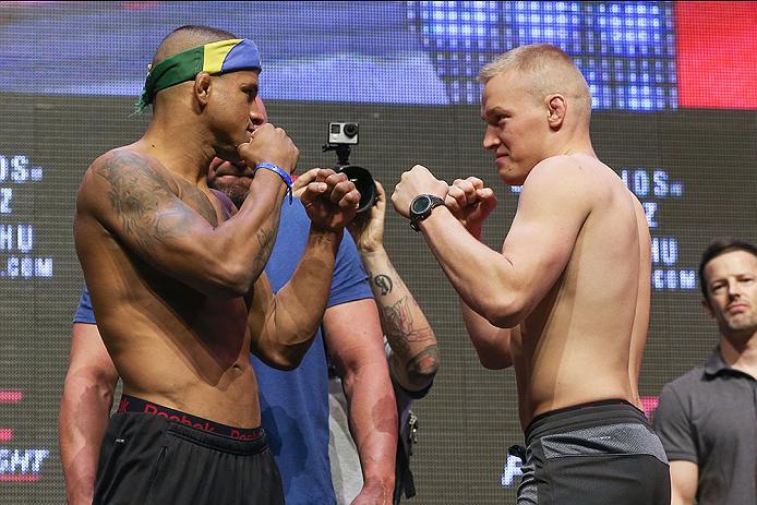 LAS VEGAS, NV - JULY 06: (L-R) Gilbert Burns and Lukasz Sajewski face off during the UFC Fight Night Weigh-in event at the T-Mobile Arena on July 6, 2016 in Las Vegas, Nevada. (Photo by Ed Mulholland/Zuffa LLC/Zuffa LLC via Getty Images)
