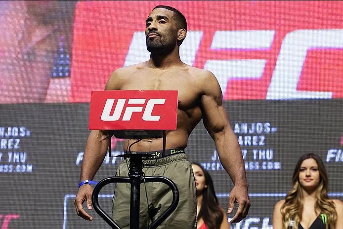 LAS VEGAS, NV - JULY 06: Jerrod Sanders steps on the scale during the UFC Fight Night Weigh-in event at the T-Mobile Arena on July 6, 2016 in Las Vegas, Nevada. (Photo by Ed Mulholland/Zuffa LLC/Zuffa LLC via Getty Images)