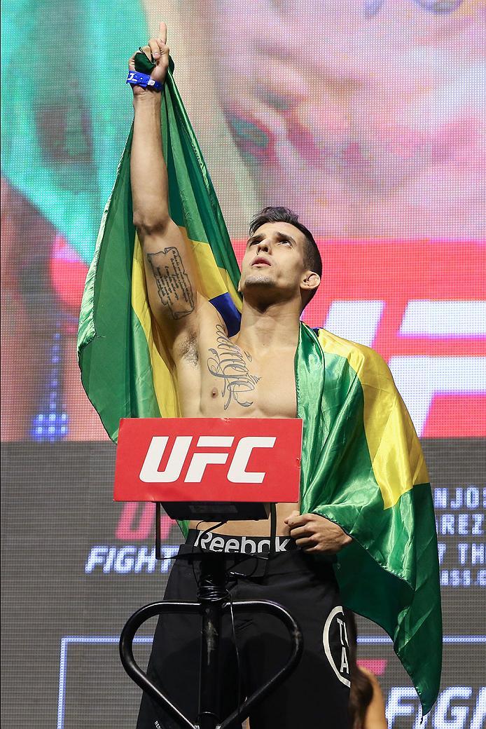LAS VEGAS, NV - JULY 06: Felipe Arantes steps on the scale during the UFC Fight Night Weigh-in event at the T-Mobile Arena on July 6, 2016 in Las Vegas, Nevada. (Photo by Ed Mulholland/Zuffa LLC/Zuffa LLC via Getty Images)