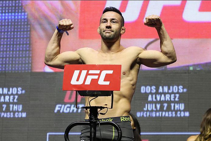LAS VEGAS, NV - JULY 06: Pedro Munhoz steps on the scale during the UFC Fight Night Weigh-in event at the T-Mobile Arena on July 6, 2016 in Las Vegas, Nevada. (Photo by Ed Mulholland/Zuffa LLC/Zuffa LLC via Getty Images)