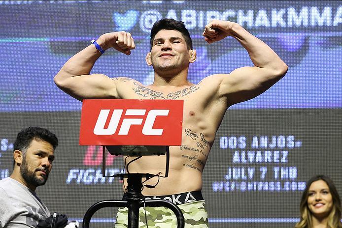 LAS VEGAS, NV - JULY 06: Dileno Lopes steps on the scale during the UFC Fight Night Weigh-in event at the T-Mobile Arena on July 6, 2016 in Las Vegas, Nevada. (Photo by Ed Mulholland/Zuffa LLC/Zuffa LLC via Getty Images)