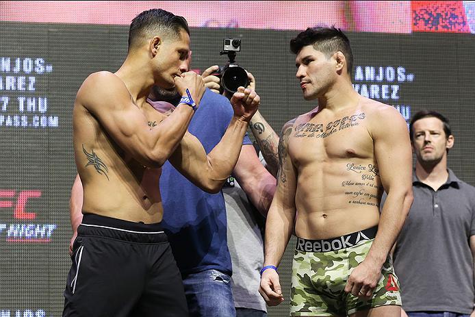 LAS VEGAS, NV - JULY 06: (L-R) Anthony Birchak and Dileno Lopes face off during the UFC Fight Night Weigh-in event at the T-Mobile Arena on July 6, 2016 in Las Vegas, Nevada. (Photo by Ed Mulholland/Zuffa LLC/Zuffa LLC via Getty Images)
