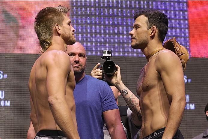 LAS VEGAS, NV - JULY 06: (L-R) Mike Pyle and Alberto Mina face off during the UFC Fight Night Weigh-in event at the T-Mobile Arena on July 6, 2016 in Las Vegas, Nevada. (Photo by Ed Mulholland/Zuffa LLC/Zuffa LLC via Getty Images)