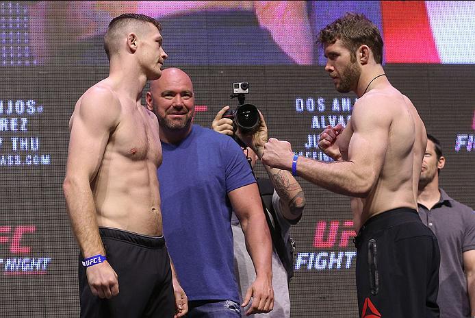 LAS VEGAS, NV - JULY 06: (L-R) Joseph Duffy and Mitch Clarke face off during the UFC Fight Night Weigh-in event at the T-Mobile Arena on July 6, 2016 in Las Vegas, Nevada. (Photo by Ed Mulholland/Zuffa LLC/Zuffa LLC via Getty Images)