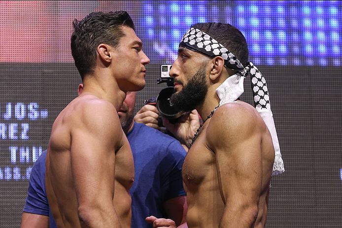 LAS VEGAS, NV - JULY 06: (L-R) Alan Jouban and Belal Muhammad face off during the UFC Fight Night Weigh-in event at the T-Mobile Arena on July 6, 2016 in Las Vegas, Nevada. (Photo by Ed Mulholland/Zuffa LLC/Zuffa LLC via Getty Images)