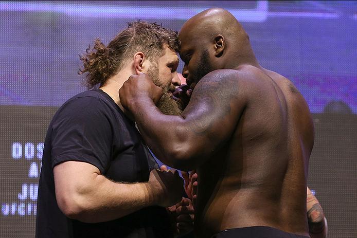 LAS VEGAS, NV - JULY 06: (L-R) Derrick Lewis and Roy Nelson face off during the UFC Fight Night Weigh-in event at the T-Mobile Arena on July 6, 2016 in Las Vegas, Nevada. (Photo by Ed Mulholland/Zuffa LLC/Zuffa LLC via Getty Images)