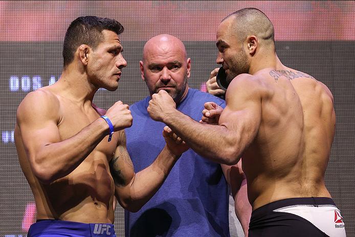 LAS VEGAS, NV - JULY 06: (L-R) UFC lightweight champion Rafael dos Anjos and challenger Eddie Alvarez face off during the UFC Fight Night Weigh-in event at the T-Mobile Arena on July 6, 2016 in Las Vegas, Nevada. (Photo by Ed Mulholland/Zuffa LLC/Zuffa LL