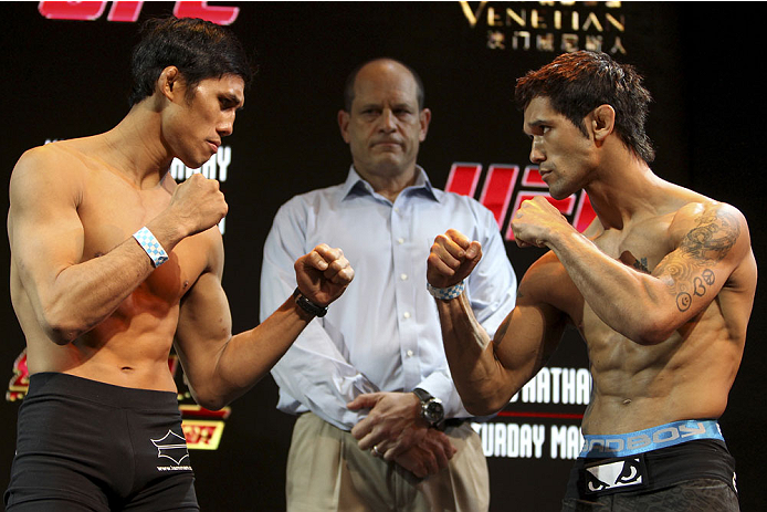 MACAU - FEBRUARY 28: (L and R) Nam Phan and Vaughan Lee face off during the UFC weigh-in event at the Venetian Macau on February 28, 2014 in Macau. (Photo by Mitch Viquez/Zuffa LLC/Zuffa LLC via Getty Images)