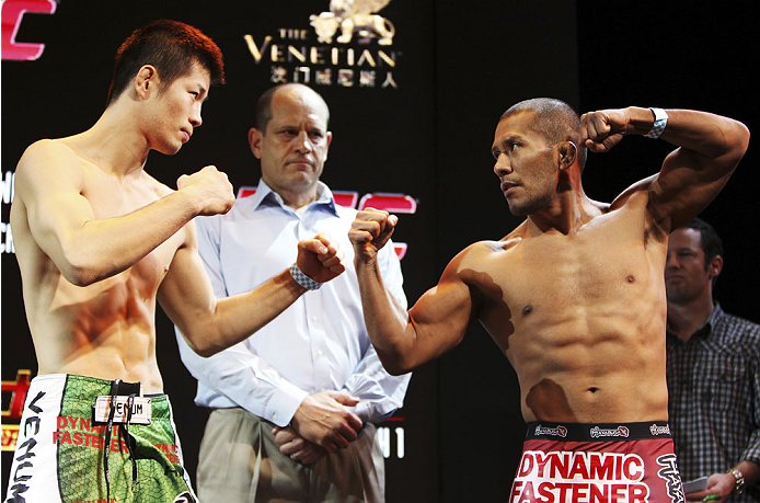 MACAU - FEBRUARY 28: (L and R) Hatsu Hioki and Ivan Menjivar face off during the UFC weigh-in event at the Venetian Macau on February 28, 2014 in Macau. (Photo by Mitch Viquez/Zuffa LLC/Zuffa LLC via Getty Images)