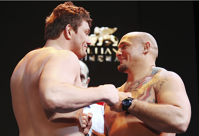 MACAU - FEBRUARY 28: (L and R) Matt Mitrione and Shawn Jordan face off during the UFC weigh-in event at the Venetian Macau on February 28, 2014 in Macau. (Photo by Mitch Viquez/Zuffa LLC/Zuffa LLC via Getty Images)