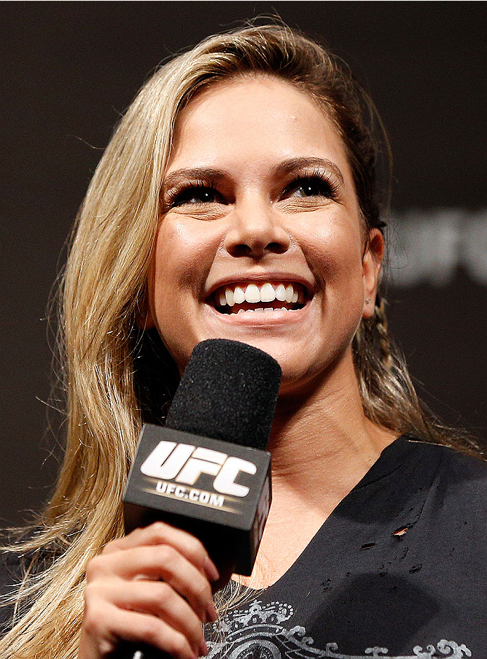 NATAL, BRAZIL - MARCH 22: UFC reporter Paula Sack hosts a Q&A session with fans before the UFC weigh-in at Ginasio Nelio Dias on March 22, 2014 in Natal, Brazil. (Photo by Josh Hedges/Zuffa LLC/Zuffa LLC via Getty Images)