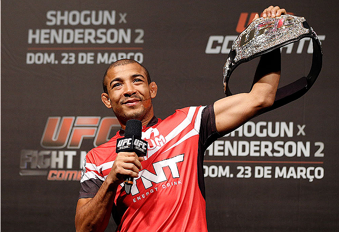 NATAL, BRAZIL - MARCH 22: UFC featherweight champion Jose Aldo interacts with fans during a Q&A session before the UFC weigh-in at Ginasio Nelio Dias on March 22, 2014 in Natal, Brazil. (Photo by Josh Hedges/Zuffa LLC/Zuffa LLC via Getty Images)